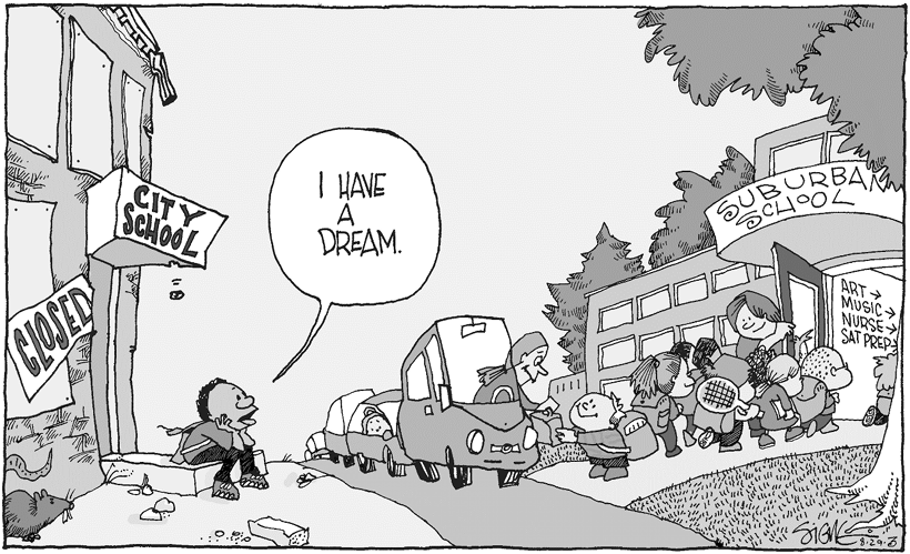 Cartoon: Kind sitzt vor geschlossener Stadtschule, sagt "I HAVE A DREAM", während andere Kinder in Bus zur Vorstadtschule steigen.